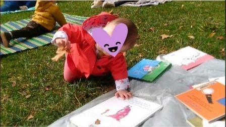 bébé sur l'herbe qui manipule une feuille morte